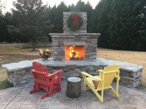 Douglas DIY outdoor fireplace fire Adirondack log wreath patio backyard 