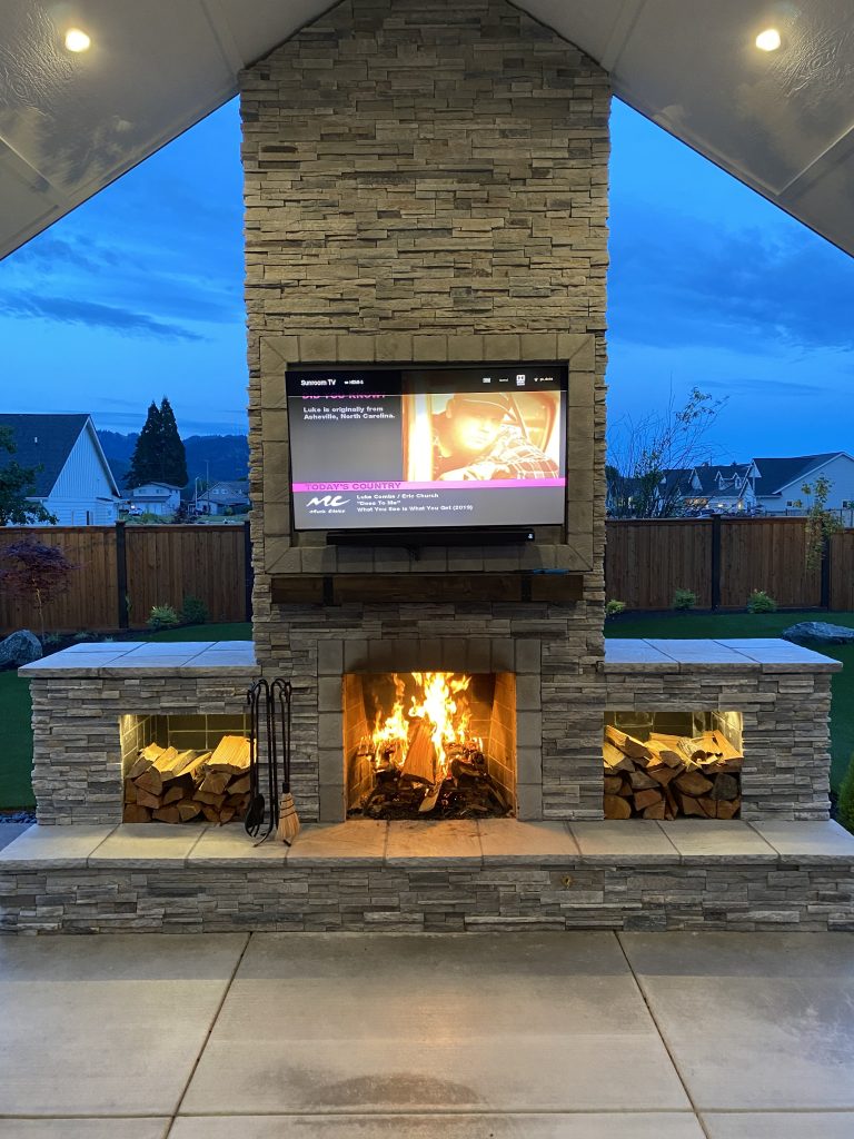 DIY outdoor fireplace TV pergola