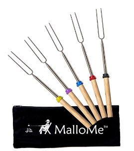 Marshmallow telescoping sticks stainless steel with 32" length and wooden colored handles.