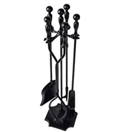 Fireplace tools set with poker, tongs, brush, scoop, and decorative wrought iron stand holder.  Black iron metal.